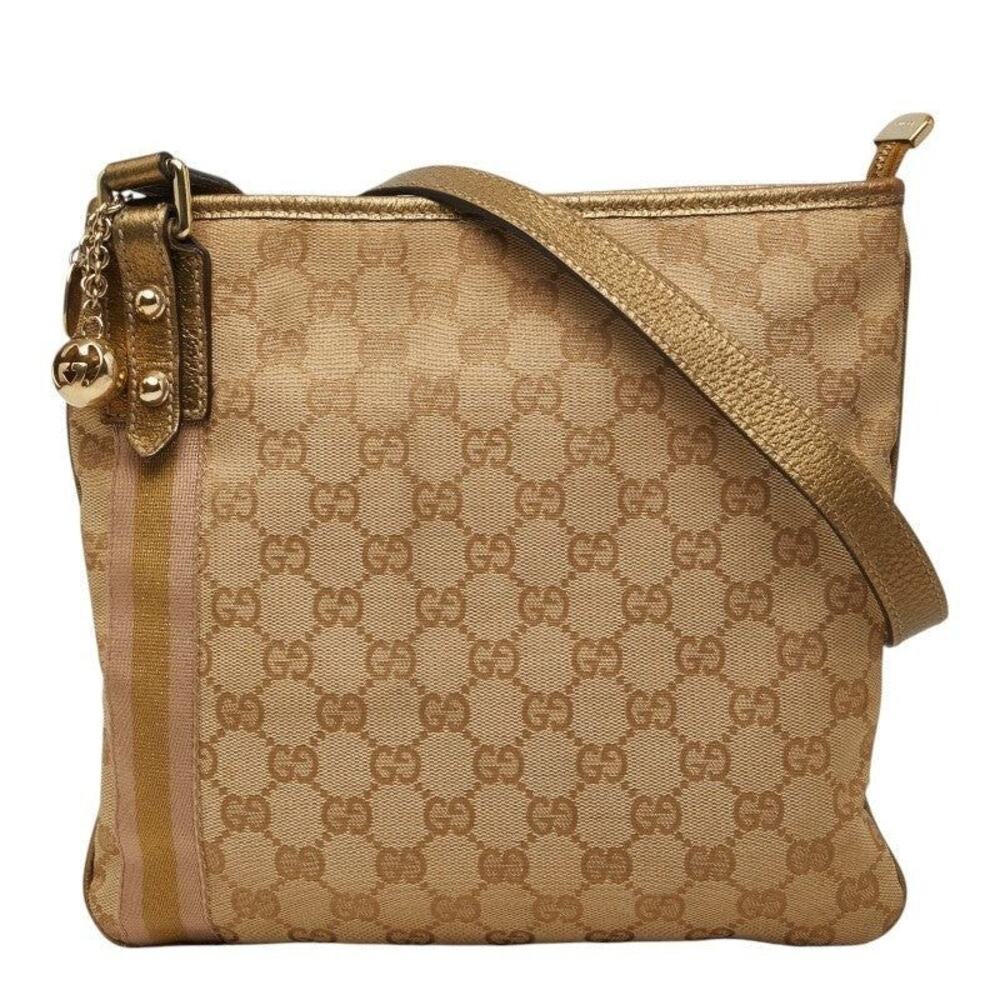 Gucci GG Canvas Web Shoulder Bag Leather Beige